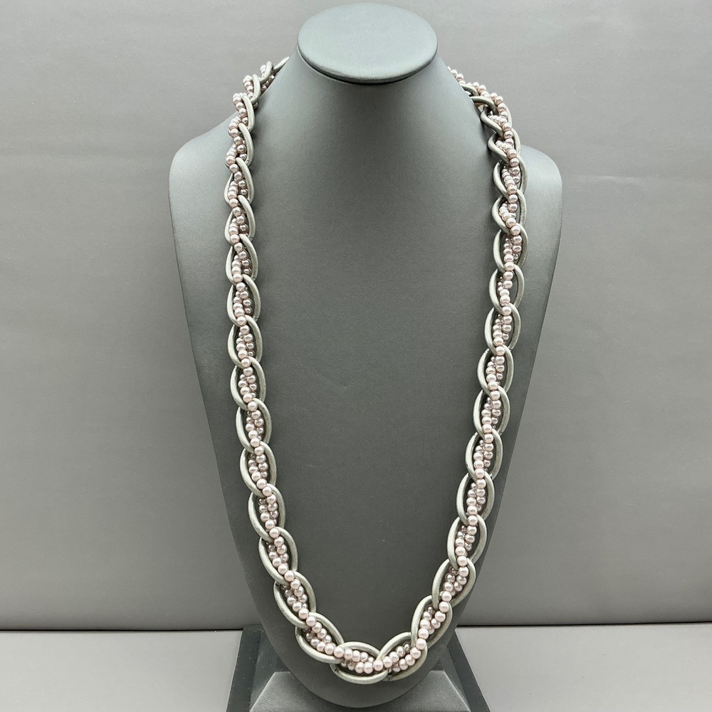 Chunky Chain Faux Pearl Necklace Women Pink Silver Tone Braided Link Statement